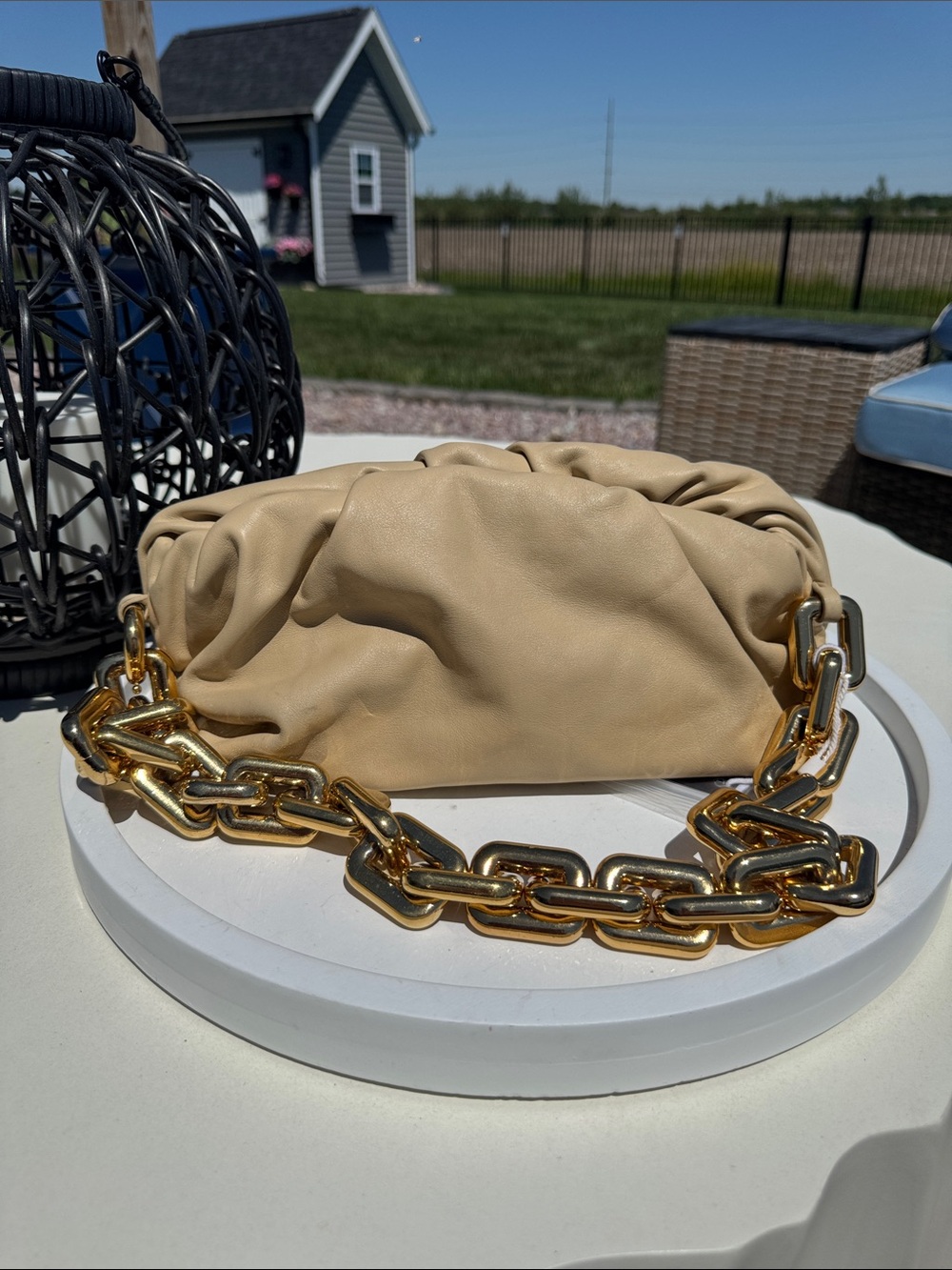 Bottega Venetta Beige Leather Chain Pouch Handbag